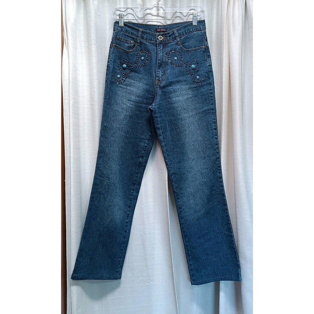 Milana Womens Embellished Straight Leg Jeans Blue Rhinestone Turquoise Size 6